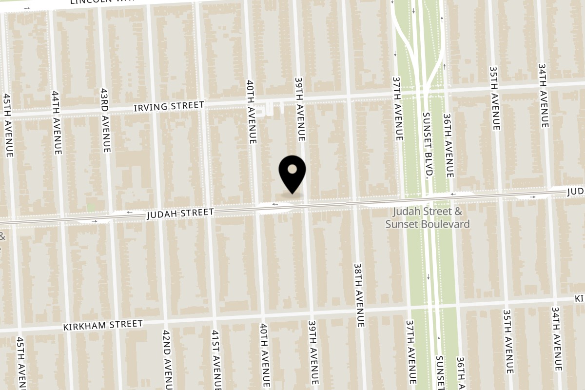 Map showing the location of DAMNFiNE pizza on 3410 Judah St in San Francisco